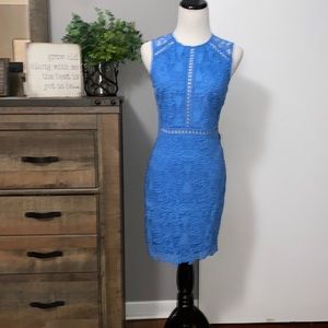 Aqua Blue crochet lace lined midi dress with beautiful cut detailing. Si…